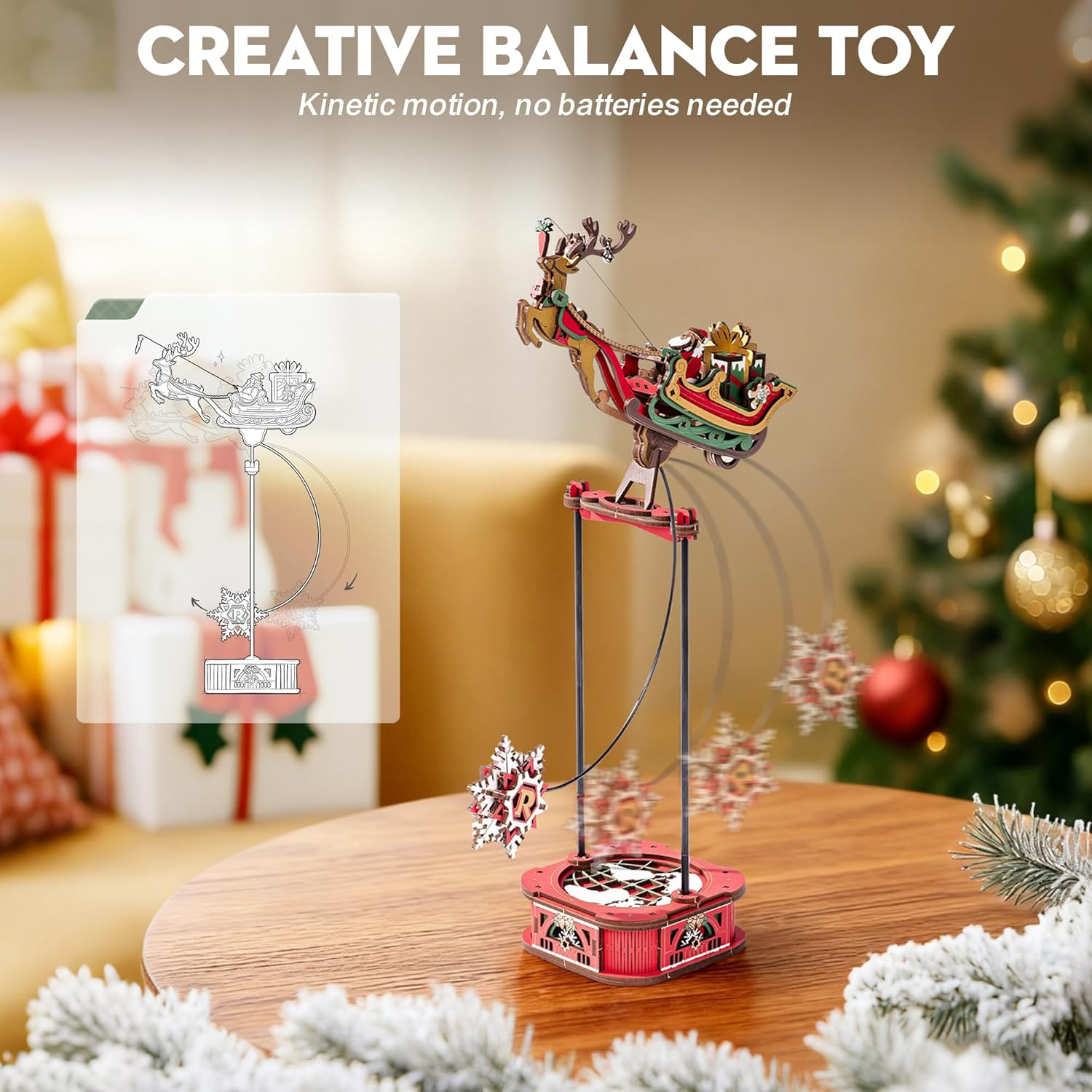 ROKR Puzzle 3D MCD05: Papá Noel en Trineo - Maqueta de Madera con Movimiento (Gravity Swing)