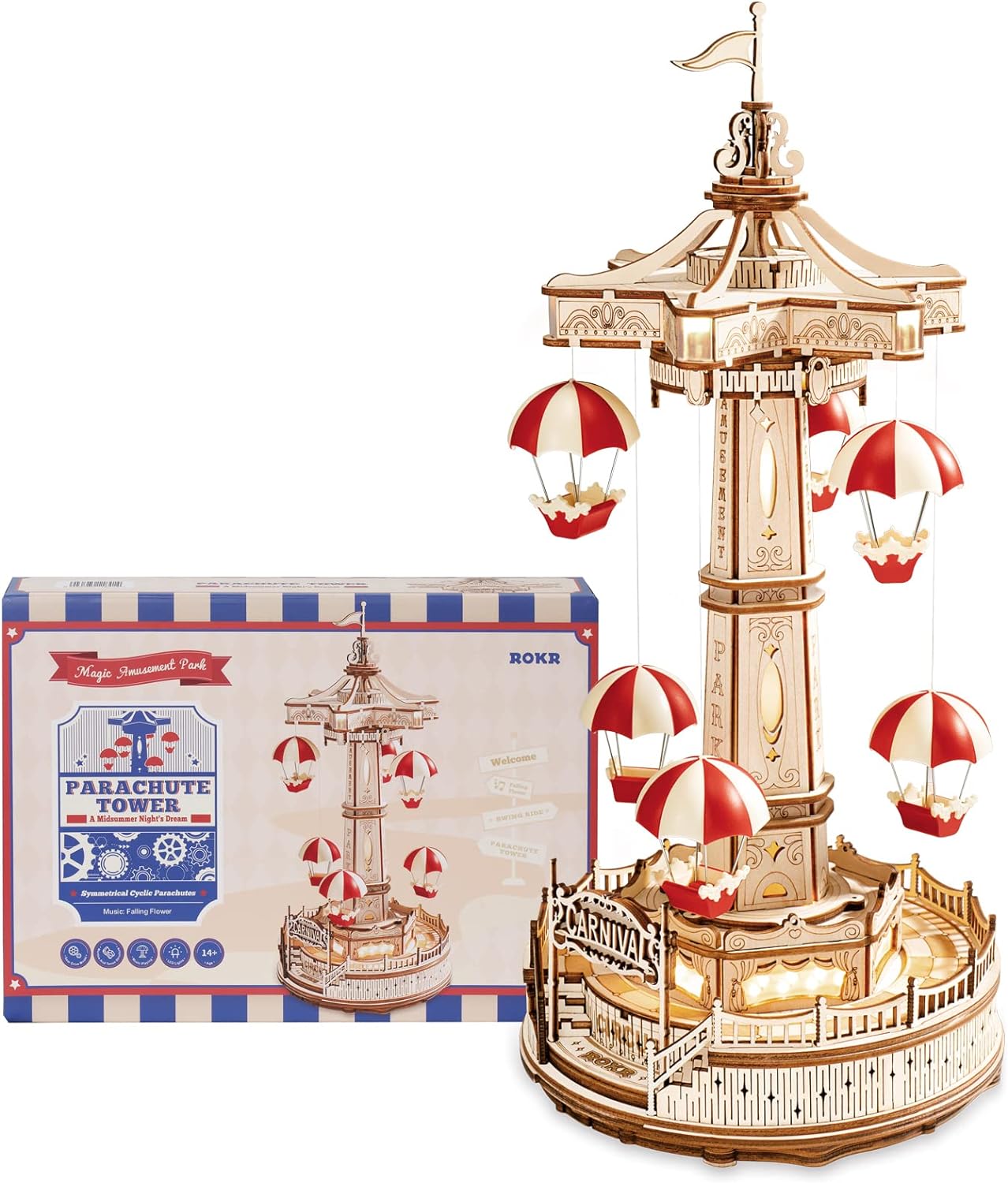 Kit de Construcción Torre de Paracaídas ROKR – Puzzle Mecánico 3D con Luces LED