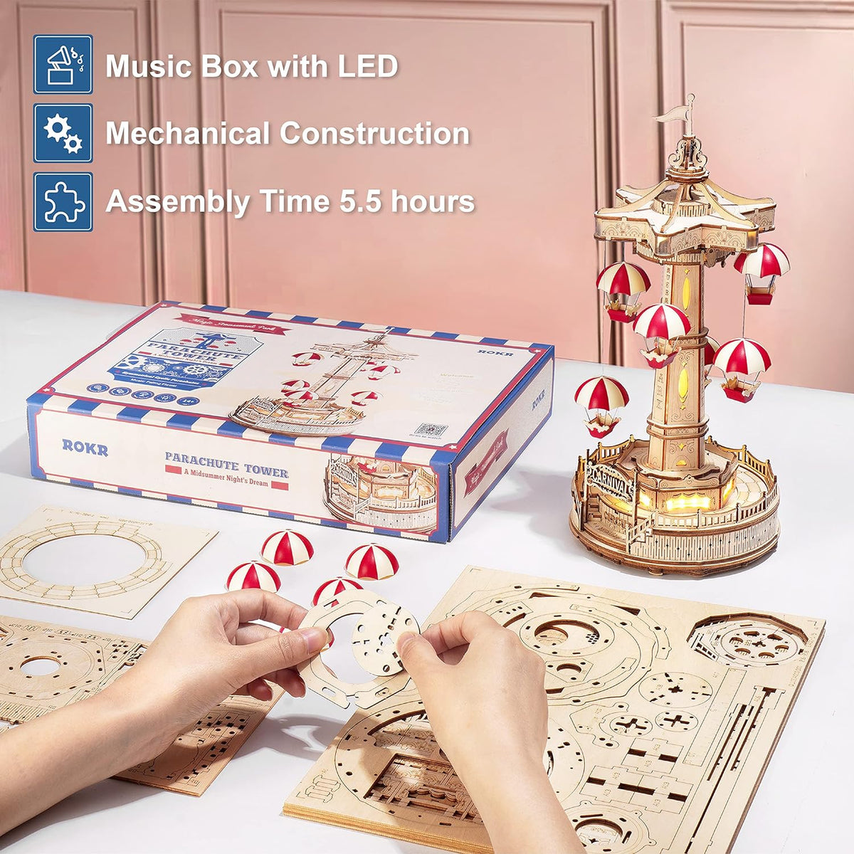 Kit de Construcción Torre de Paracaídas ROKR – Puzzle Mecánico 3D con Luces LED
