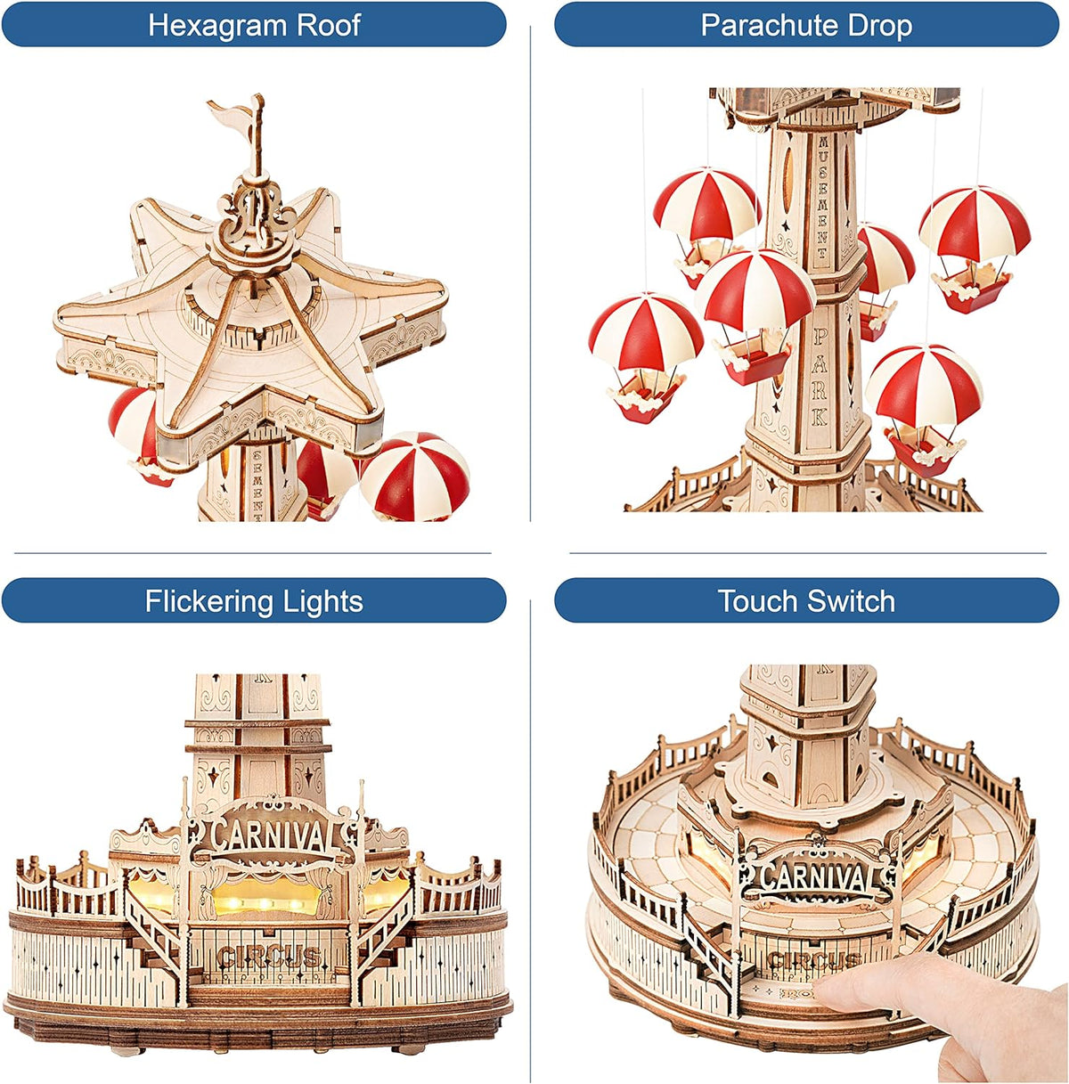 Kit de Construcción Torre de Paracaídas ROKR – Puzzle Mecánico 3D con Luces LED