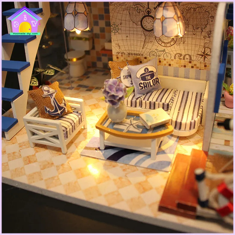 Casa Miniatura DIY “Blue Coast” – Cabaña Costera de Madera con Luces LED M032
