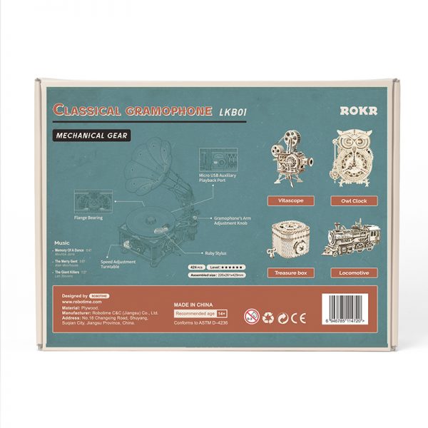 Puzzle 3D Gramófono Clásico - Modelo Mecánico Funcional (Rokr LKB01)