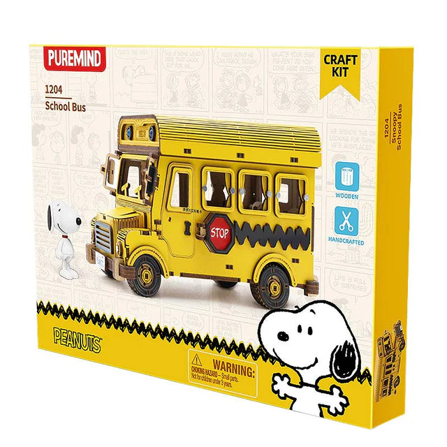 Puzzle 3D de Madera Snoopy School Bus - Autobús Escolar PEANUTS™ Armable con Detalles (Puremind 1204)