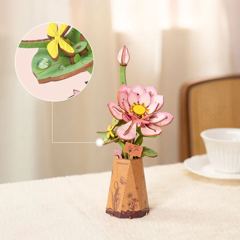 Flor de loto rosada de madera Rolife TW151 para armar - vista 6