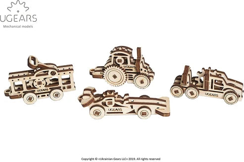 Ugears U-Fidgets Vehículos | Set de 4 Mini Modelos Mecánicos