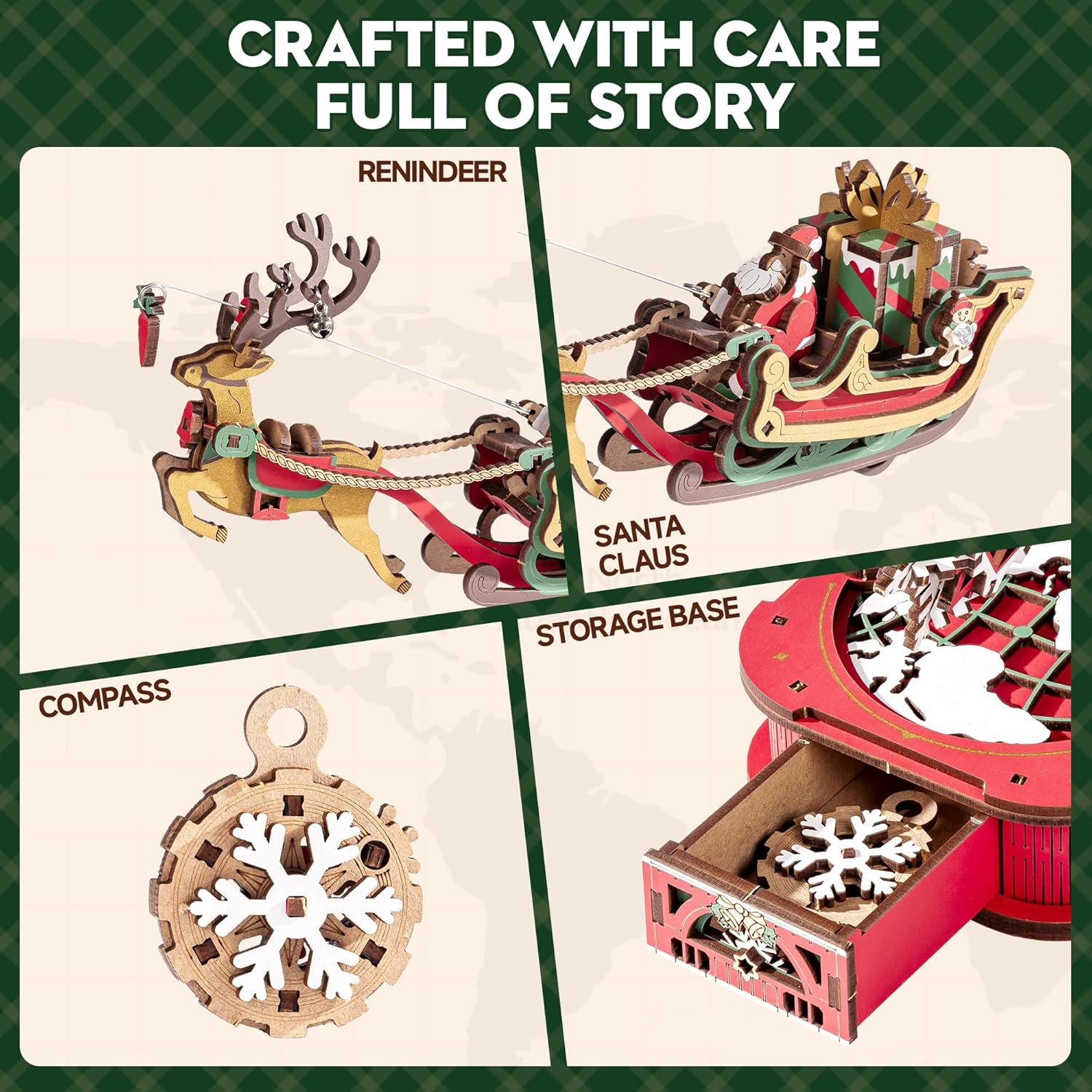 ROKR Puzzle 3D MCD05: Papá Noel en Trineo - Maqueta de Madera con Movimiento (Gravity Swing)