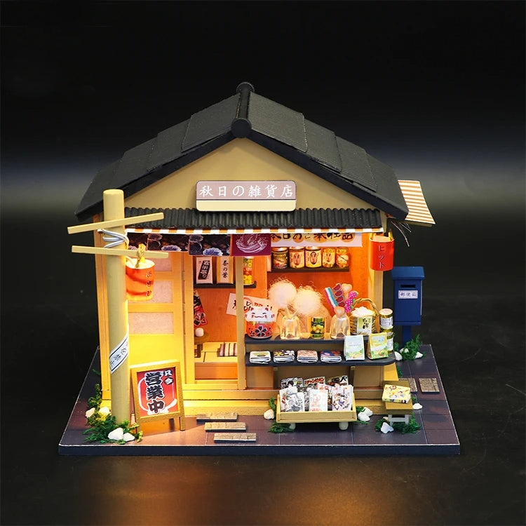 Casita Miniatura "Memories of Autumn Grocery Store" – Kit DIY con Luces LED y Estilo Japonés Tradicional M914