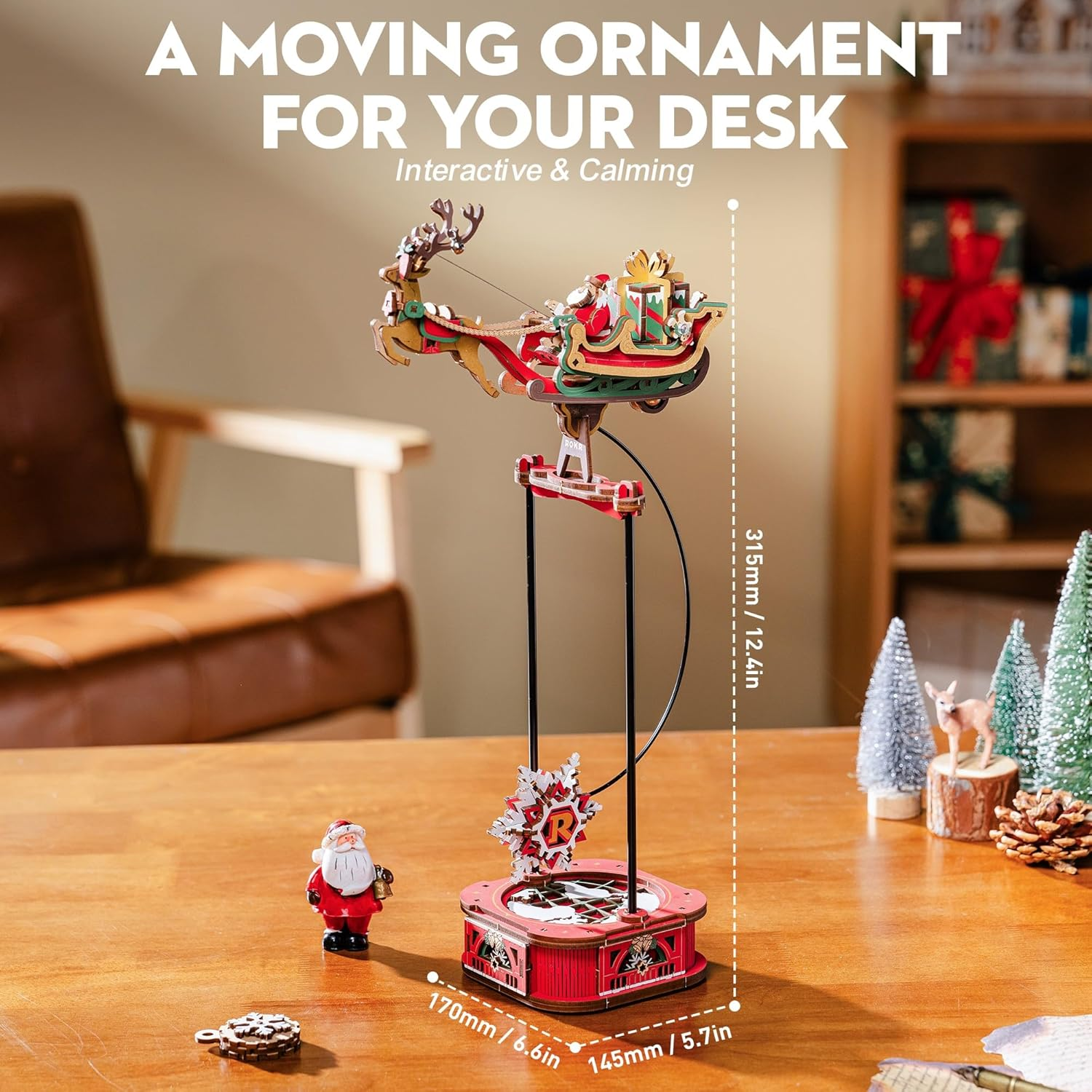 ROKR Puzzle 3D MCD05: Papá Noel en Trineo - Maqueta de Madera con Movimiento (Gravity Swing)