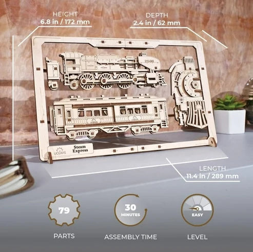 Ugears Tren Expreso 2.5D | Puzzle de Madera con Partes Móviles