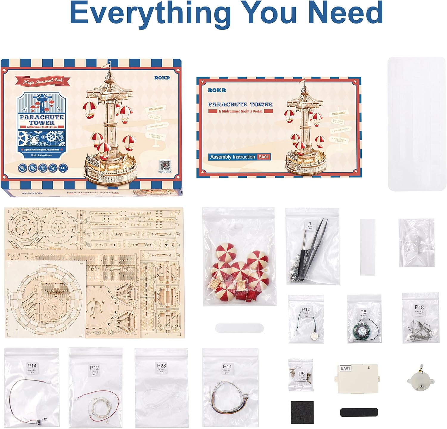 Kit de Construcción Torre de Paracaídas ROKR – Puzzle Mecánico 3D con Luces LED