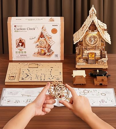 Reloj de Cuco Mecánico 3D - Maqueta Funcional de Madera con Música (Rokr LC901)