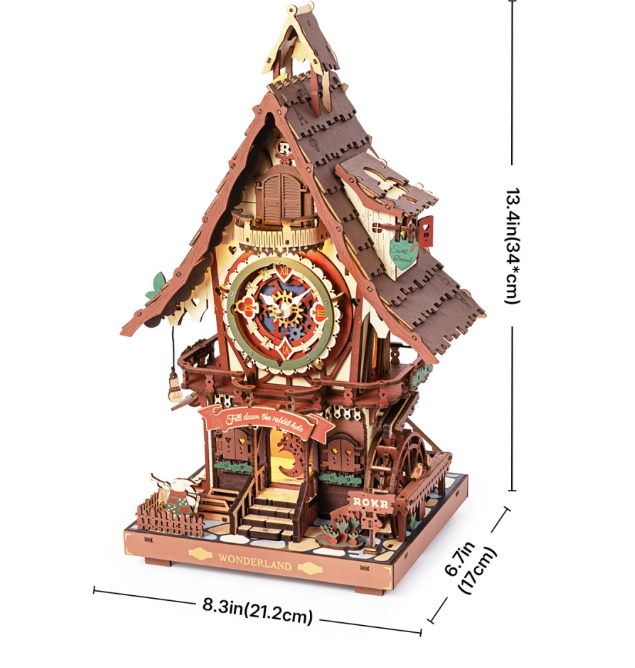 Reloj de Cuco Mecánico 3D - Maqueta a color Funcional de Madera con Música  (Rokr LC901c)