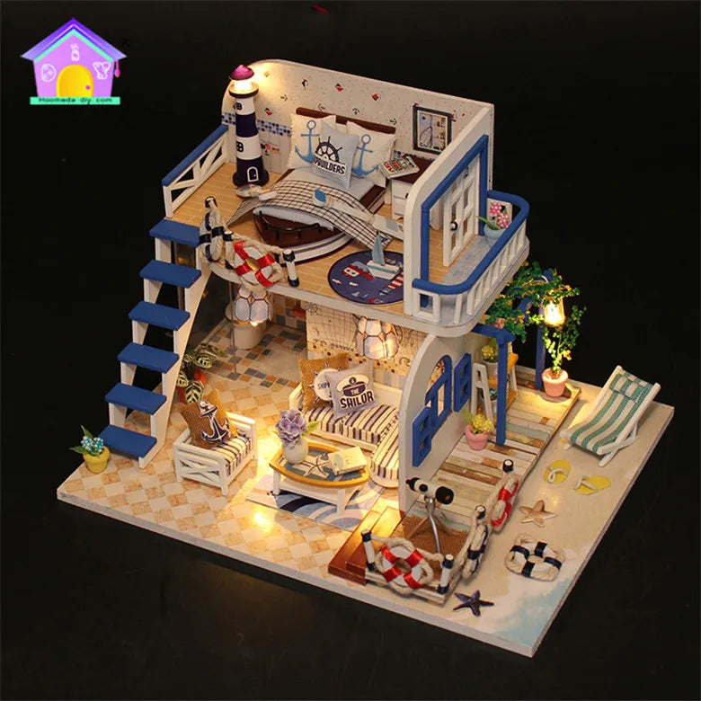 Casa Miniatura DIY “Blue Coast” – Cabaña Costera de Madera con Luces LED M032