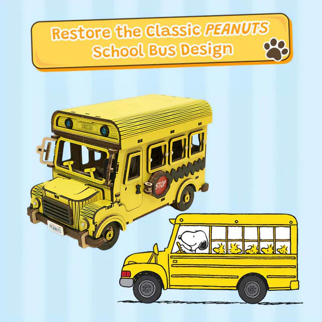 Puzzle 3D de Madera Snoopy School Bus - Autobús Escolar PEANUTS™ Armable con Detalles (Puremind 1204)