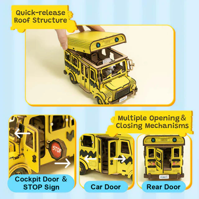 Puzzle 3D de Madera Snoopy School Bus - Autobús Escolar PEANUTS™ Armable con Detalles (Puremind 1204)